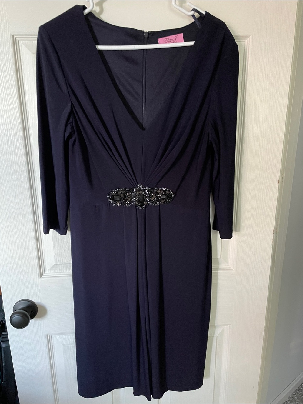 Eliza J Navy V-Neck Midi Dress with Beaded Waist